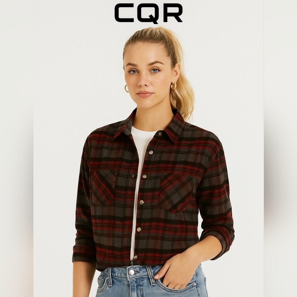 CQR Cozy Flannel Button Down Quality Cotton Shirt Red/Grey Plaid Sz M